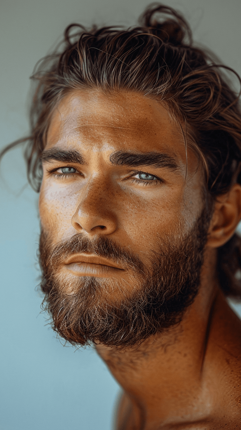 AI generated: photograph, face, young man professional model, minimalist, stylish nessy long hairstyle, beard, pro...