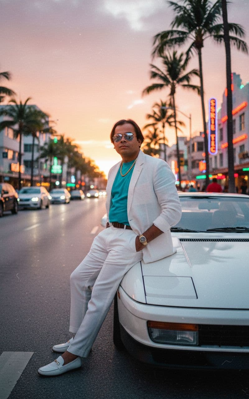AI generated: Subject: A charismatic late-20s man. Clothing: WHITES linen blazer (sleeves rolled up), turquoise t-...