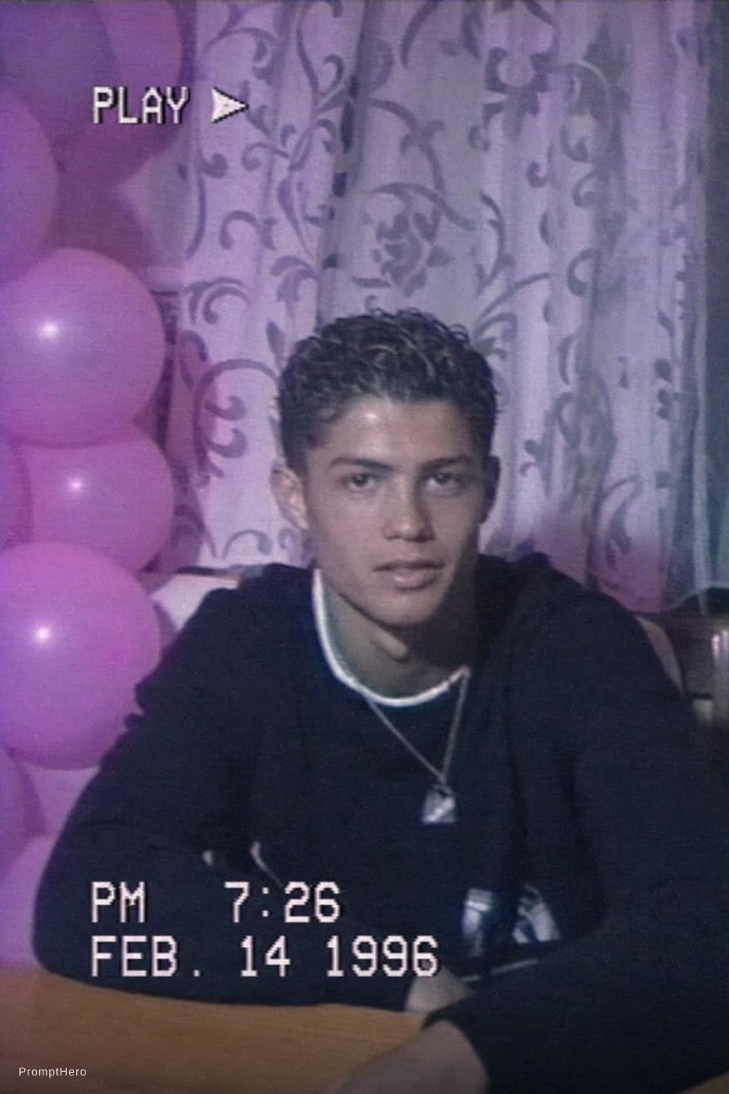 AI generated: Image of Cristiano Ronaldo from a VHS camcorder recorder in a highschool in Feb of 1996. Same grain ...
