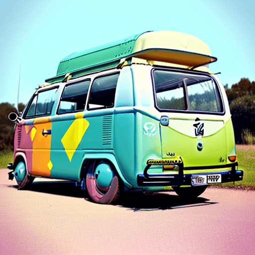 AI generated: old volkswagen bulli painted like the 1970's with the words "Happy Birthday" on his side