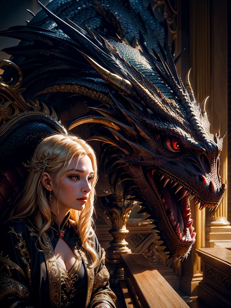 AI generated: A close-up portrait photo of a beautiful majestic queen wearing a majestic robe, (massive dragon:1.2...