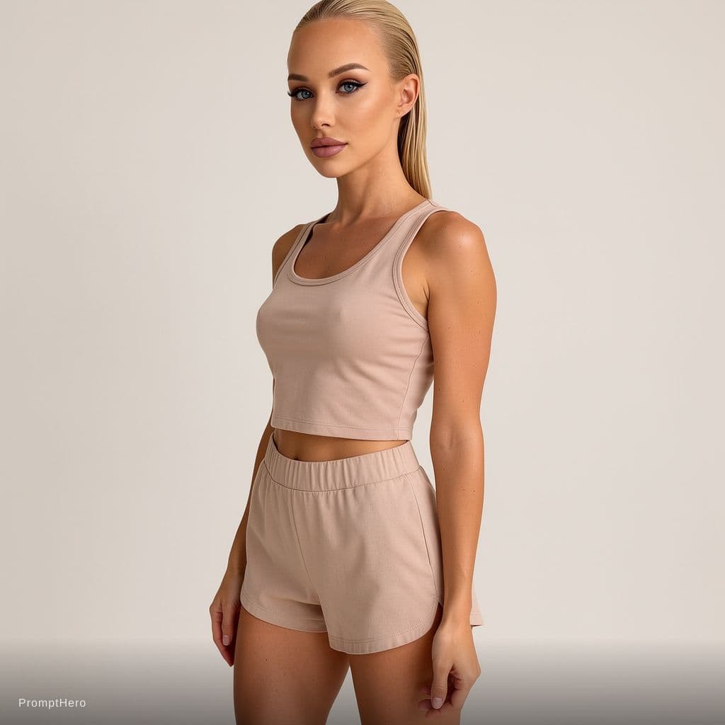 AI generated: Same woman from the reference image.
Full body visible, body turned slightly at a 3/4 angle.
Wearing...