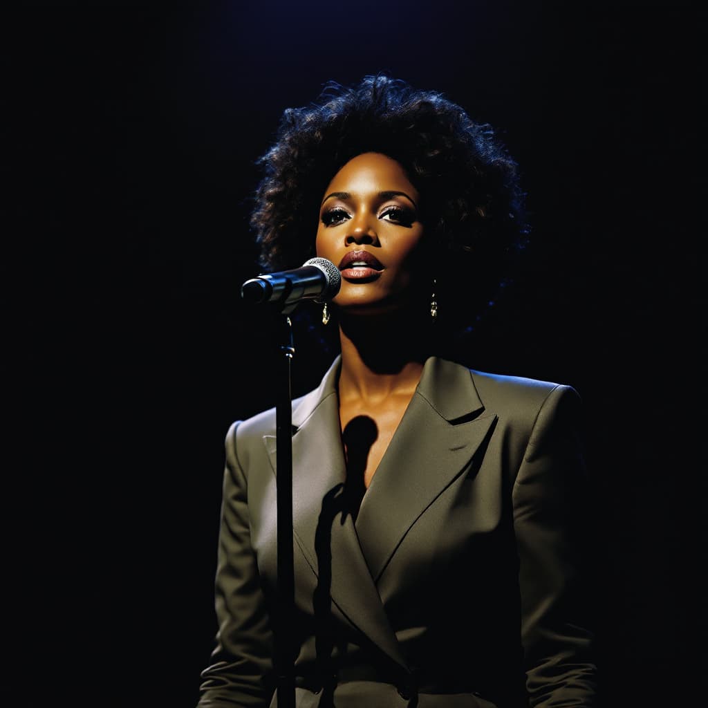 AI generated: A dignified, elegant female singer with dark skin, resembling Whitney Houston, standing on a dimly l...
