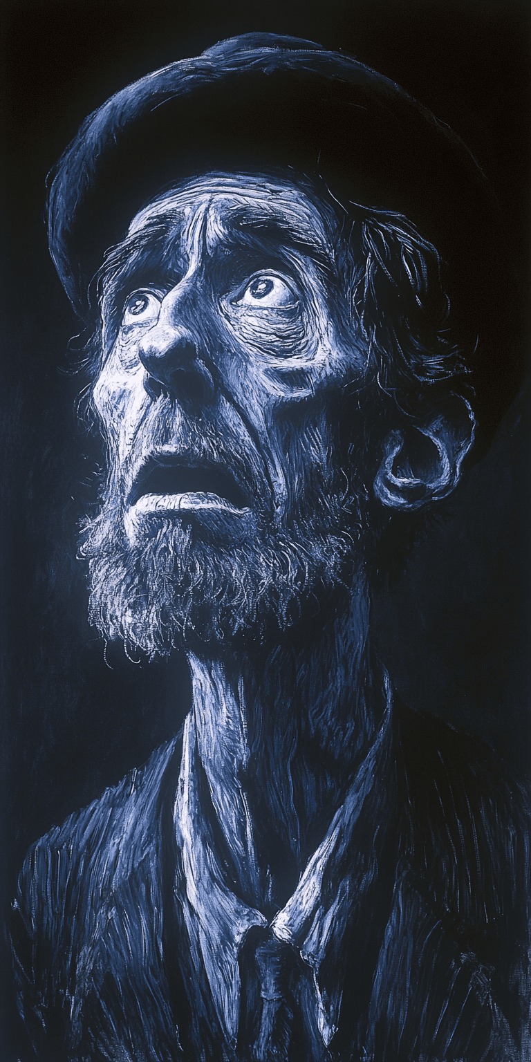AI generated: A blue figure with an elongated head and nose, in the style of Picasso, is depicted in the center of...