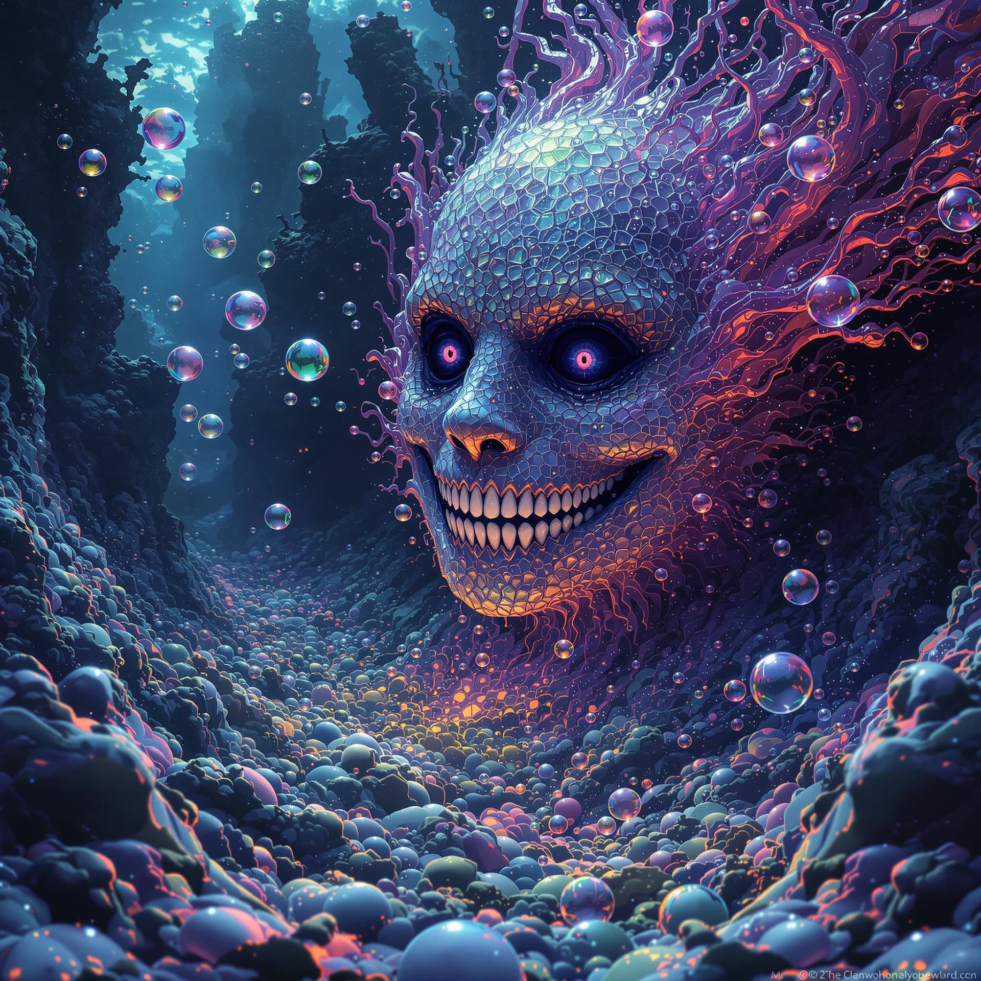 AI generated: abyssopelagic heretic, sinister sly smile bubble escapade, doomed user, glitch art in oceanic 3d tec...