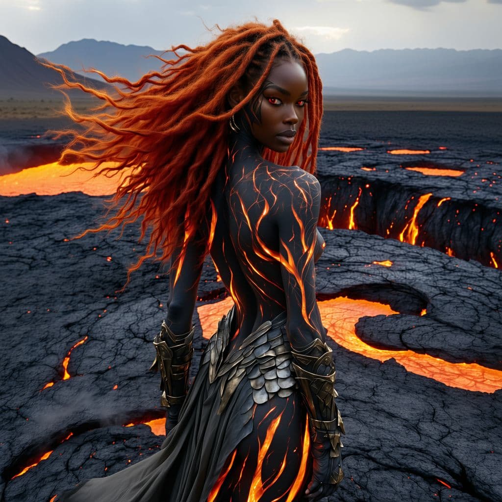 AI generated: A rebellious magma dancer, with vibrant red hair, eyes that seem to reflect the heart of a volcano, ...