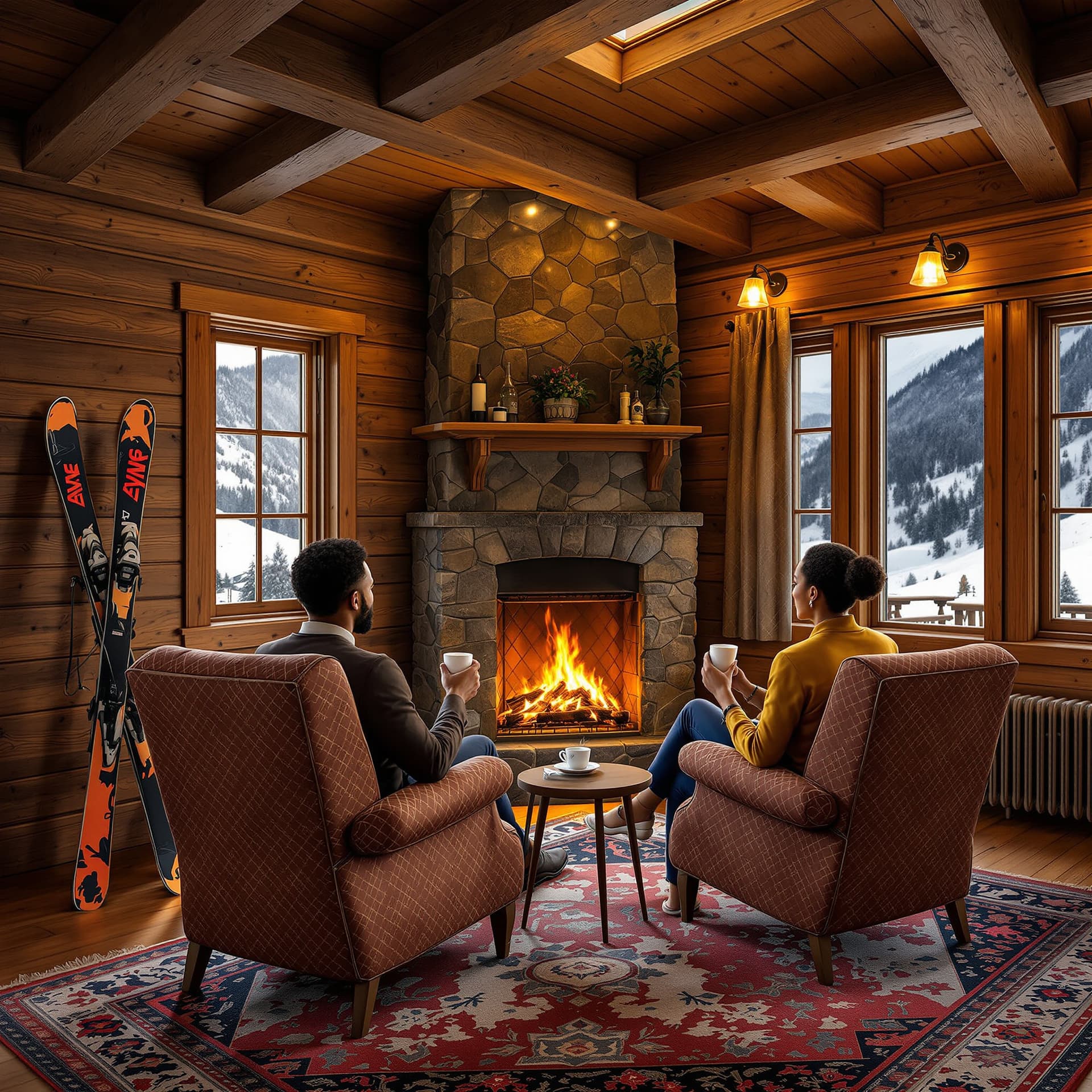 AI generated: A cozy interior of an Inn in the  Swiss Alps. An African American husband and wife who are guests at...