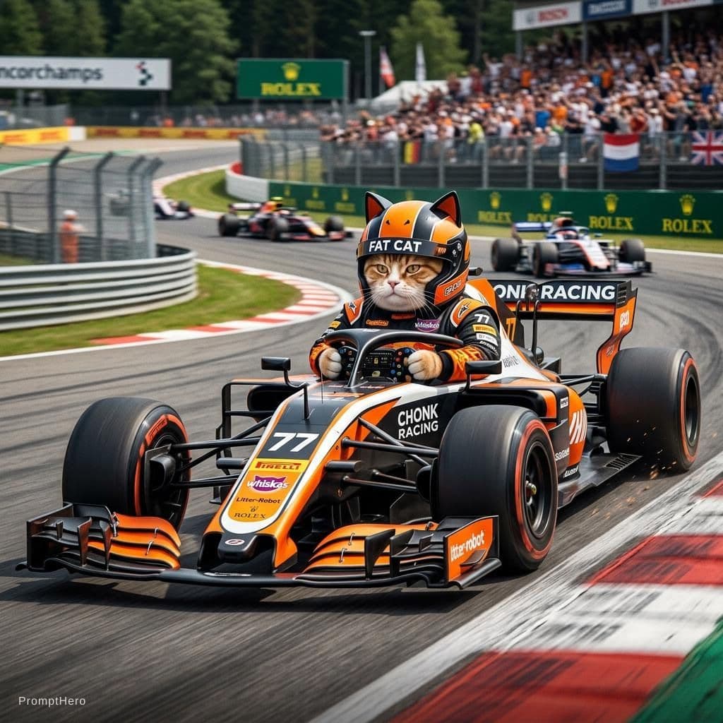 AI generated: a fat cat, racing in a Formula 1 car
