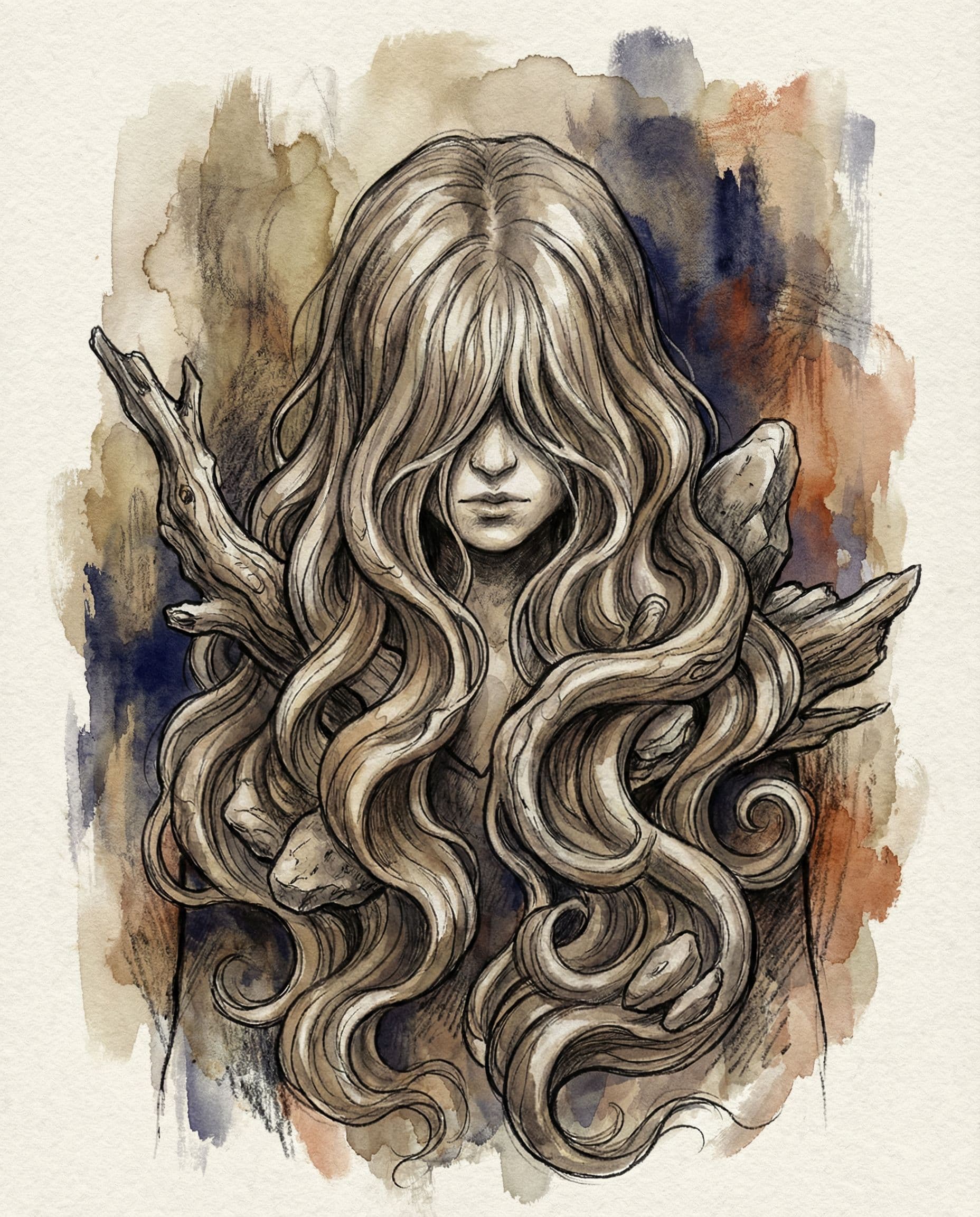 AI generated: a drawing with a girl with long hair covering her face, in the style of oliver wetter, paul hedley, ...