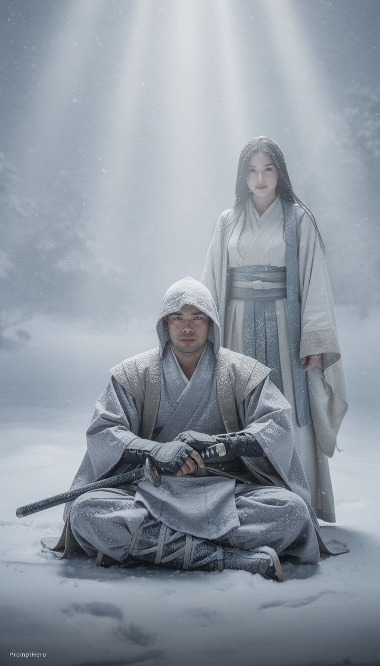 AI generated: A surreal movie scene of a Chinese ninja and a stunning beauty standing in a fierce snowstorm, holdi...