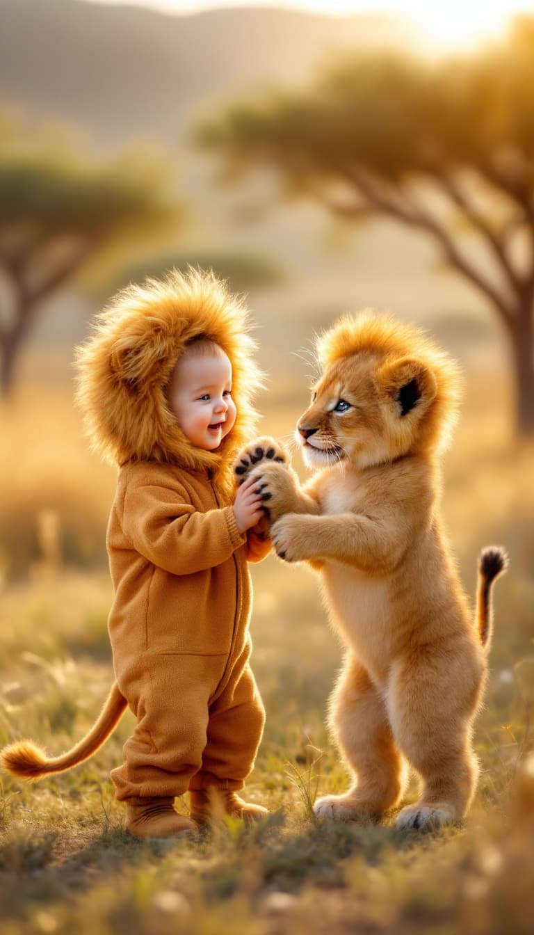 AI generated: A hyper-realistic image of a baby and a lion cub, both the same size; the baby is dressed in a golde...