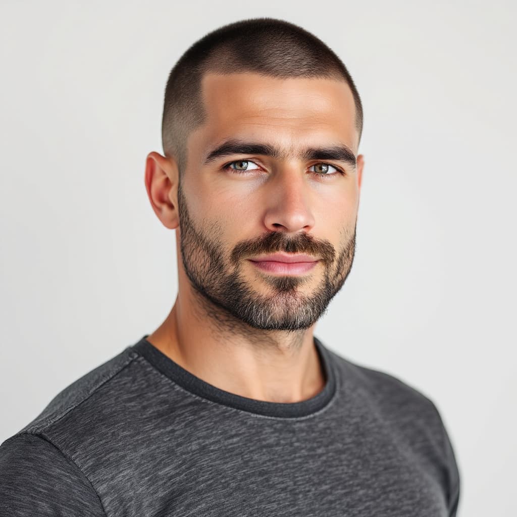 AI generated: High-res image of a 30-year-old white American man, cool fair skin tone, cropped ash brown hair, str...