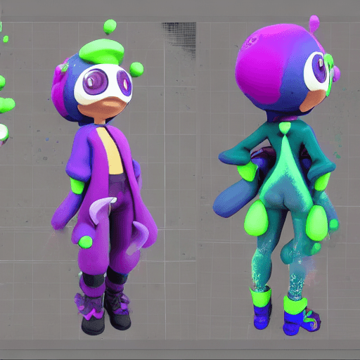 AI generated: splatoon 3 character, 3d model, adult lady, street style, unreal engine 5, green slime melt, blue an...