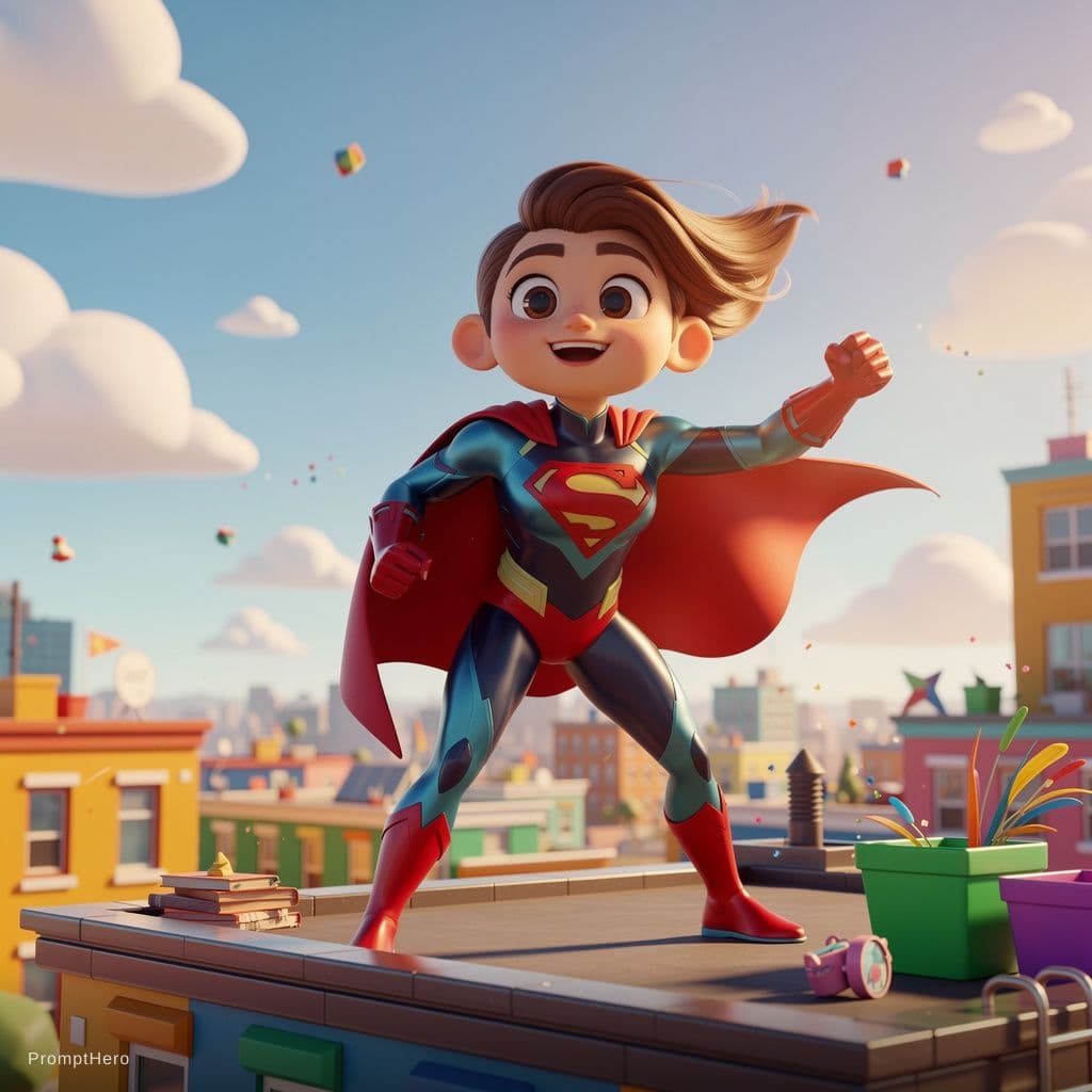 AI generated: cartoon 3D sunny bright Pixar-style image, super hero --chaos 75 --ar 4:5 --raw --stylize 750