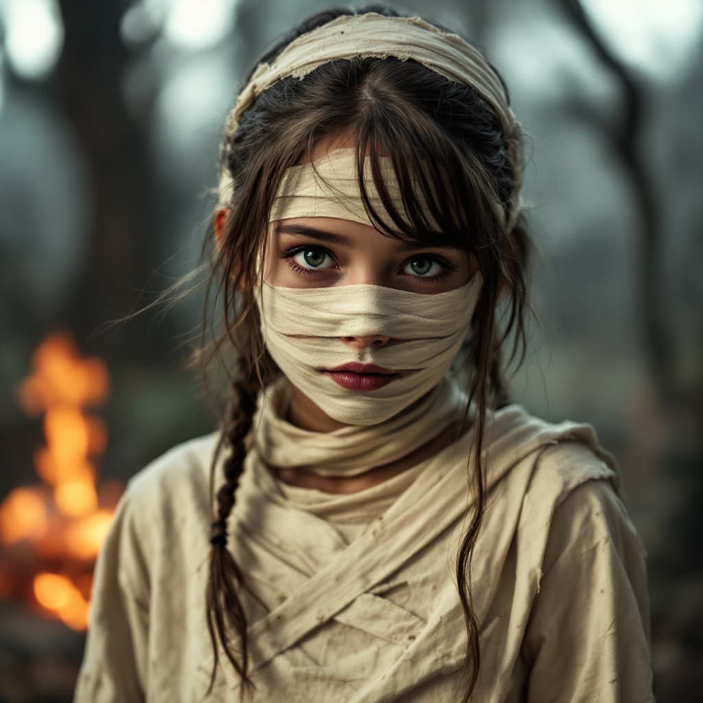 AI generated: a  girl dress like a mummy in halloween.