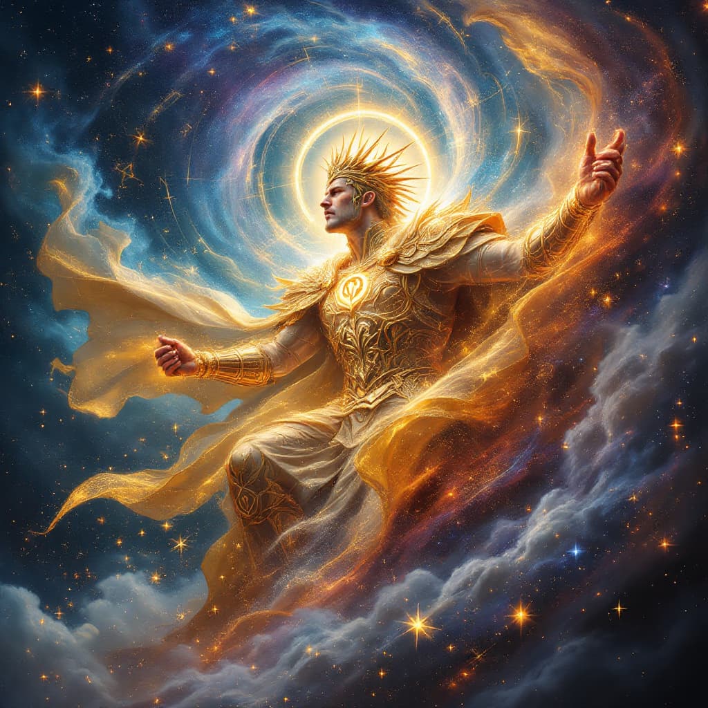 AI generated: “The Emperor’s Celestial Dominion” – A majestic Emperor emerges from swirling cosmic storms, his for...
