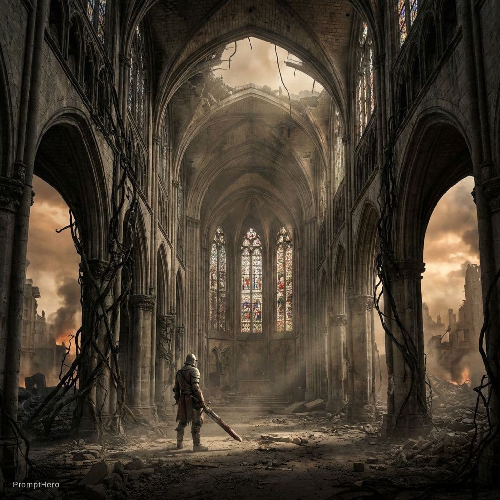 AI generated: A CHURCH, GOTHIC, IN A DISTOPIC WORLD, WITH WARRIOR INSIDE