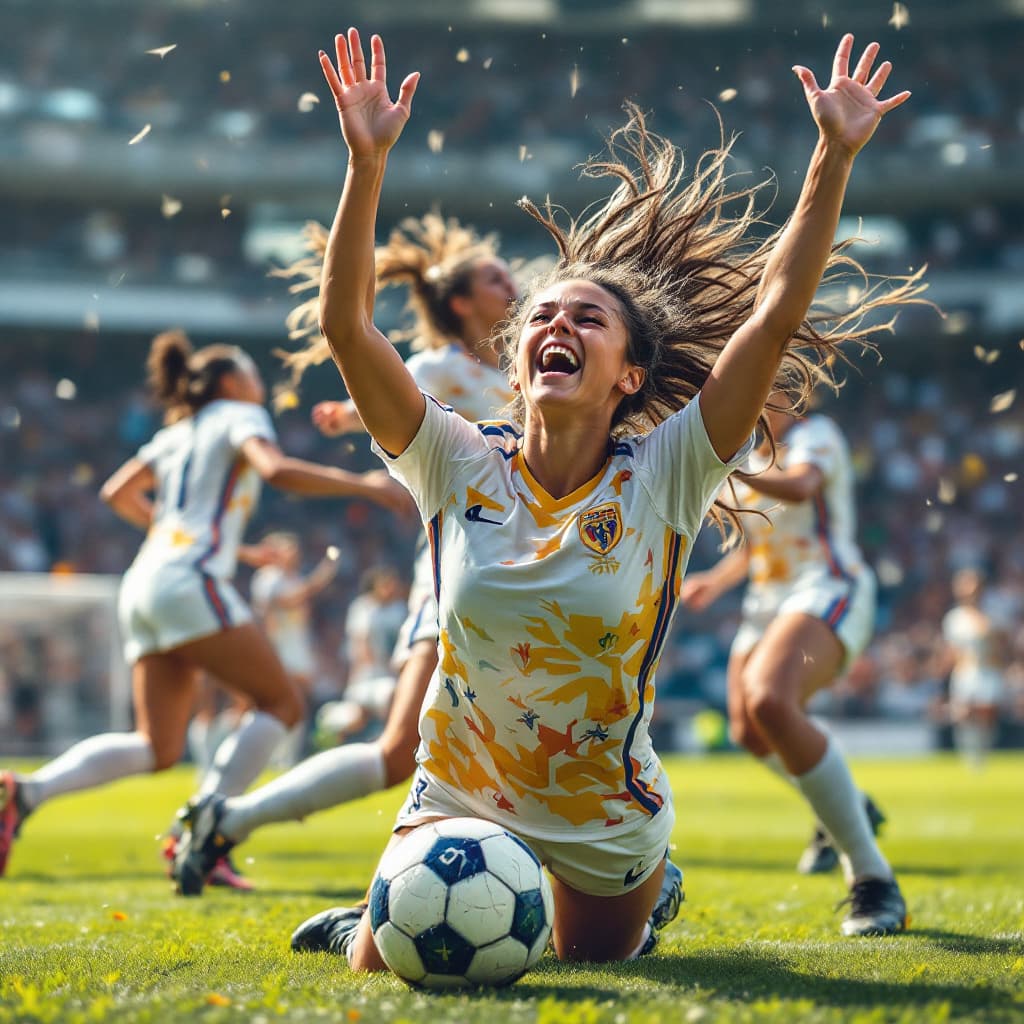 AI generated: girl soccer players making the game winning goal to win the championship and celebrating