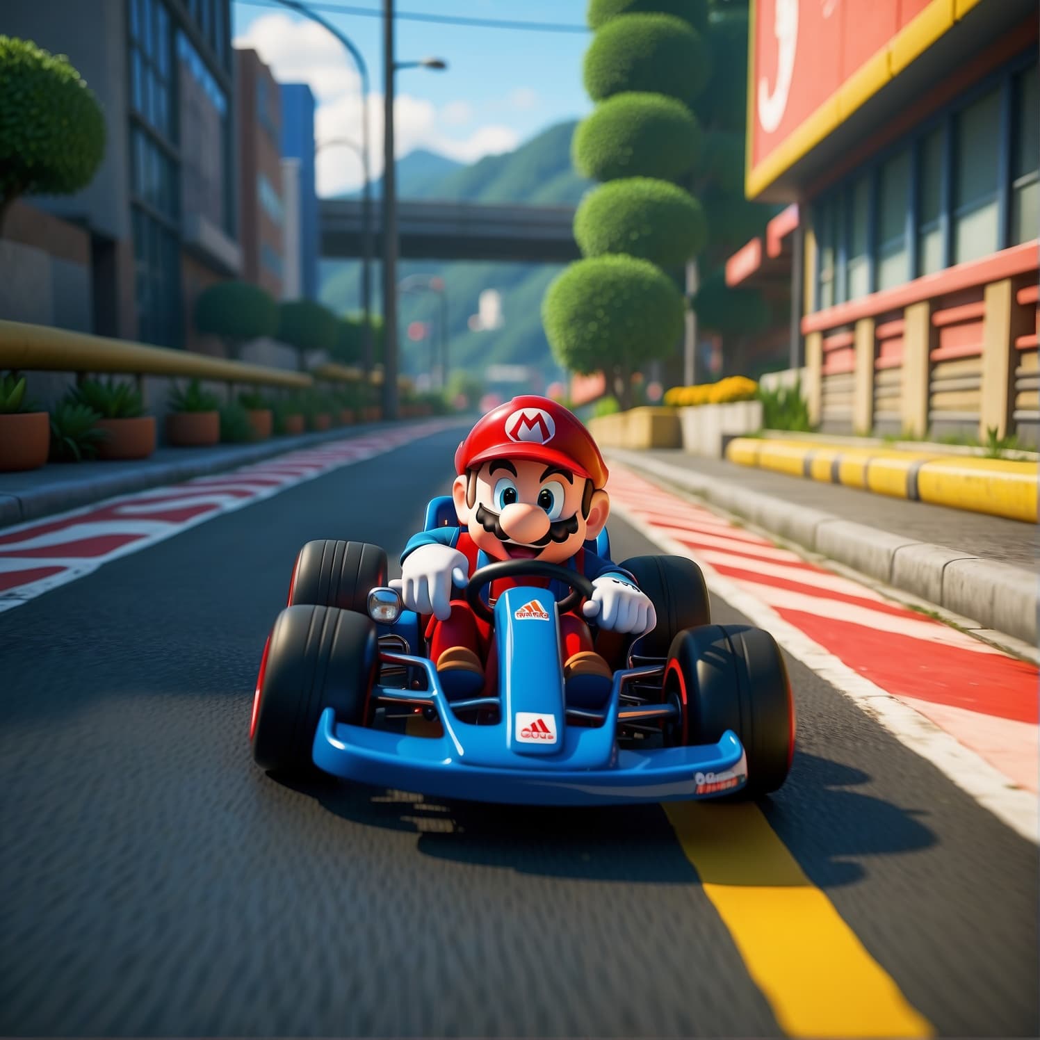 AI generated: Super Mario Kart from Super Mario Kart Deluxe 8, colorful, unique, amazing view, awesome detail, ill...