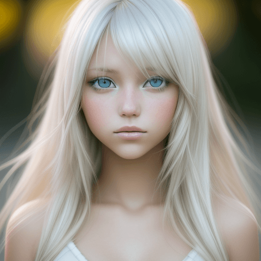 AI generated: photo featuring a girl model, blondy color hair, 300mm f/5. 8, light silver and white, optical, soft...