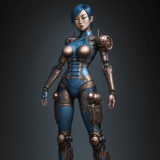 AI generated: Full-body asian cyborg portrait with detailed, symmetric face. Steampunk and cyberpunk influences, b...