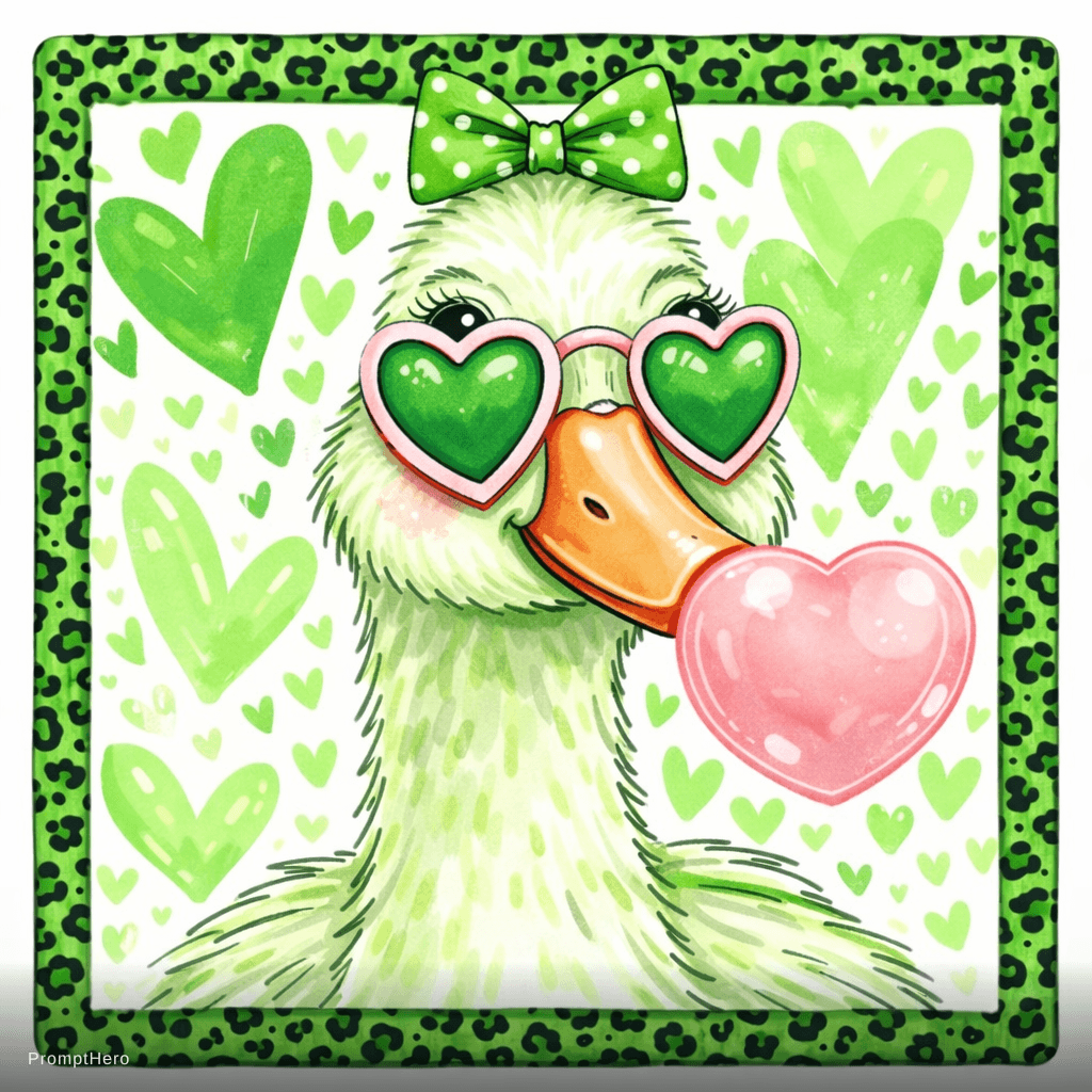AI generated: Trendy girly cartoon duck bust portrait, soft watercolor and bold ink sketch style, mint and white f...