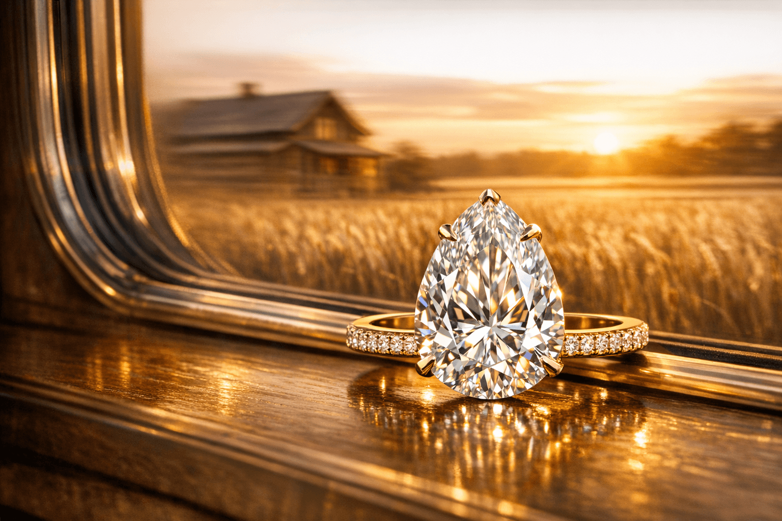 AI generated: Ultra-luxury cinematic jewelry campaign shot.
A high-end Fonon pear-cut diamond ring in polished yel...