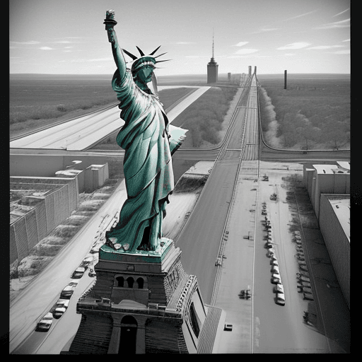 AI generated: A vintage photo patriot portrait shows, the Statue of Liberty building the border wall, at scale, wi...