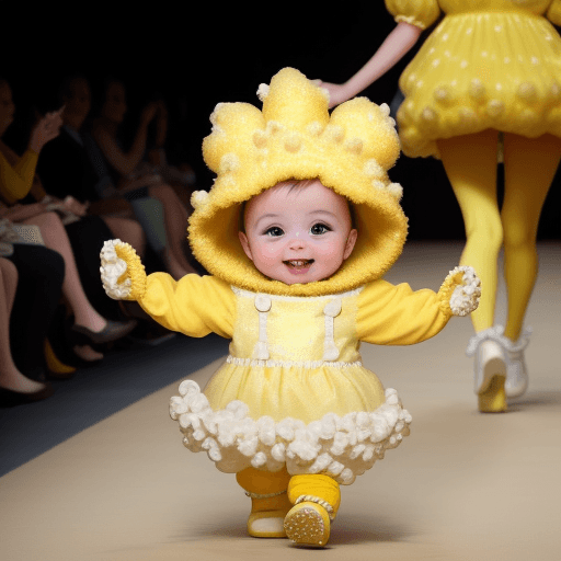 AI generated: Dressed as a bucket of popcorn, a baby walks down the runway wrapped in yellow “popcorn”. Their inno...