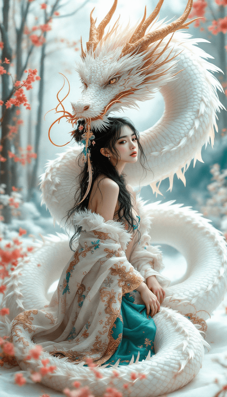 AI generated: Create a single whimsical illustration depicting the beautiful body of a white dragon, similar to a ...