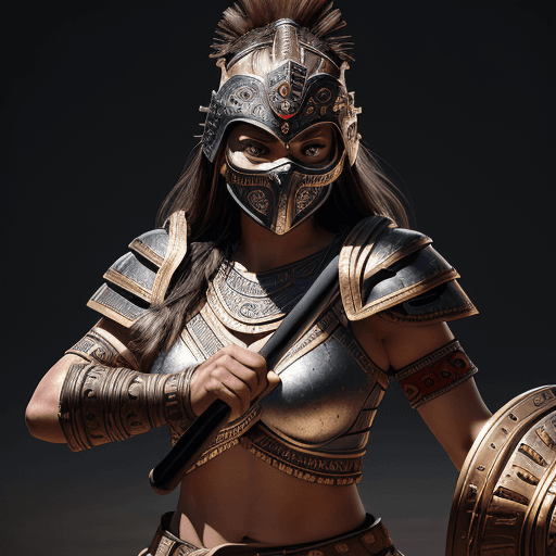 AI generated: female Aztec warrior, wearing a full battle face mask, helm, finely detailed armor, holding Obsidian...