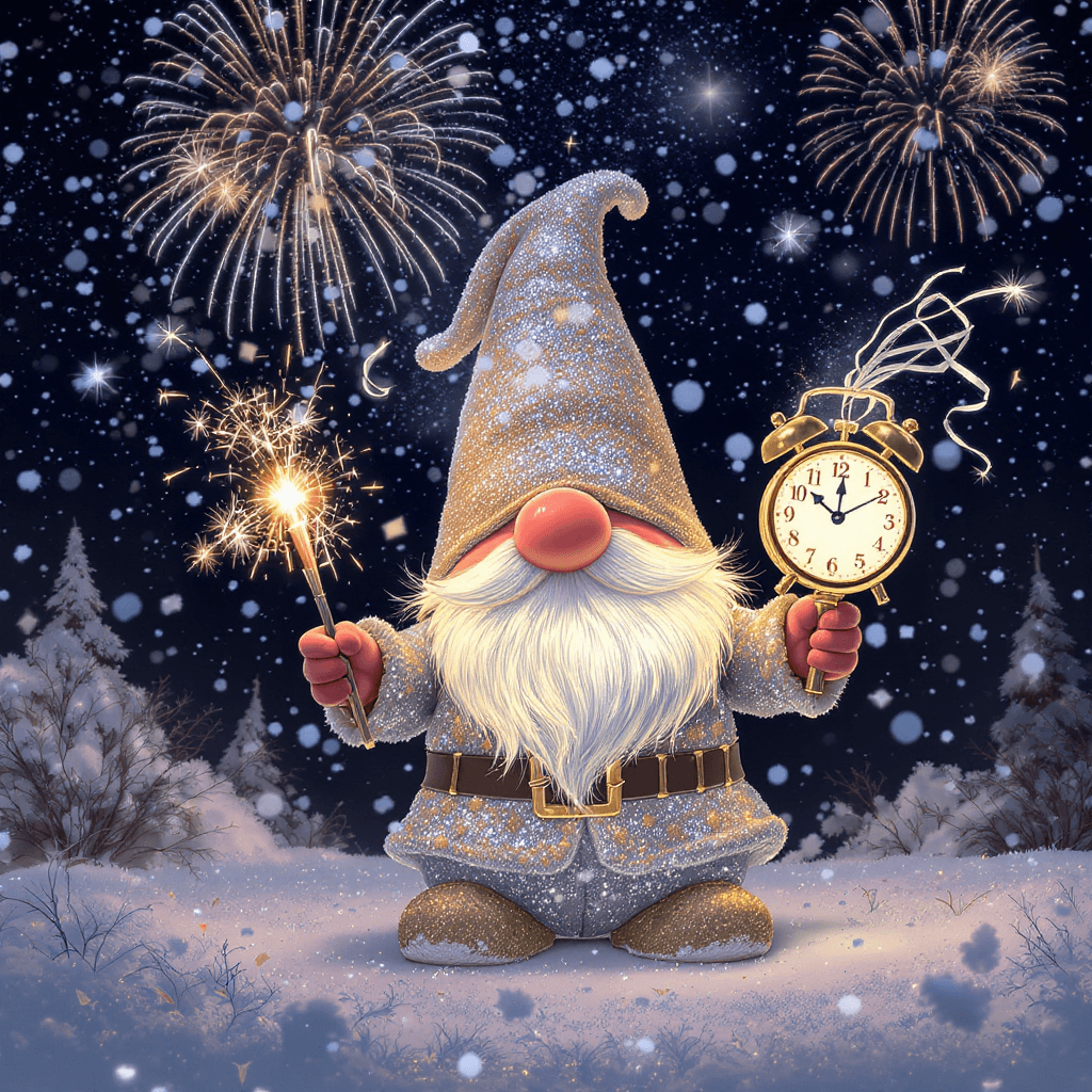 AI generated: A festive garden gnome in a silver and gold outfit, holding sparklers and a clock striking midnight,...