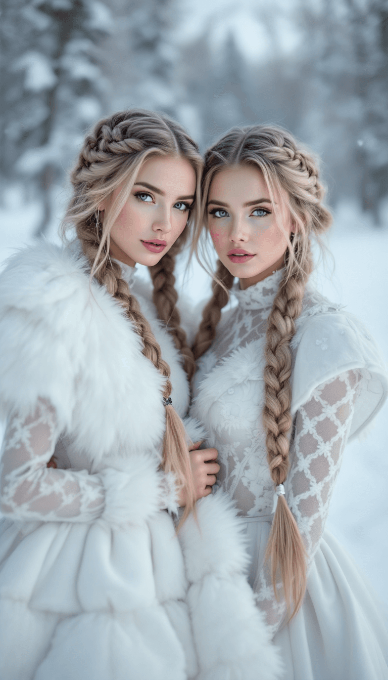 AI generated: fashion photoshoot of 2 Siberian women with braided hair, wearing a white haute couture puffy dress,...