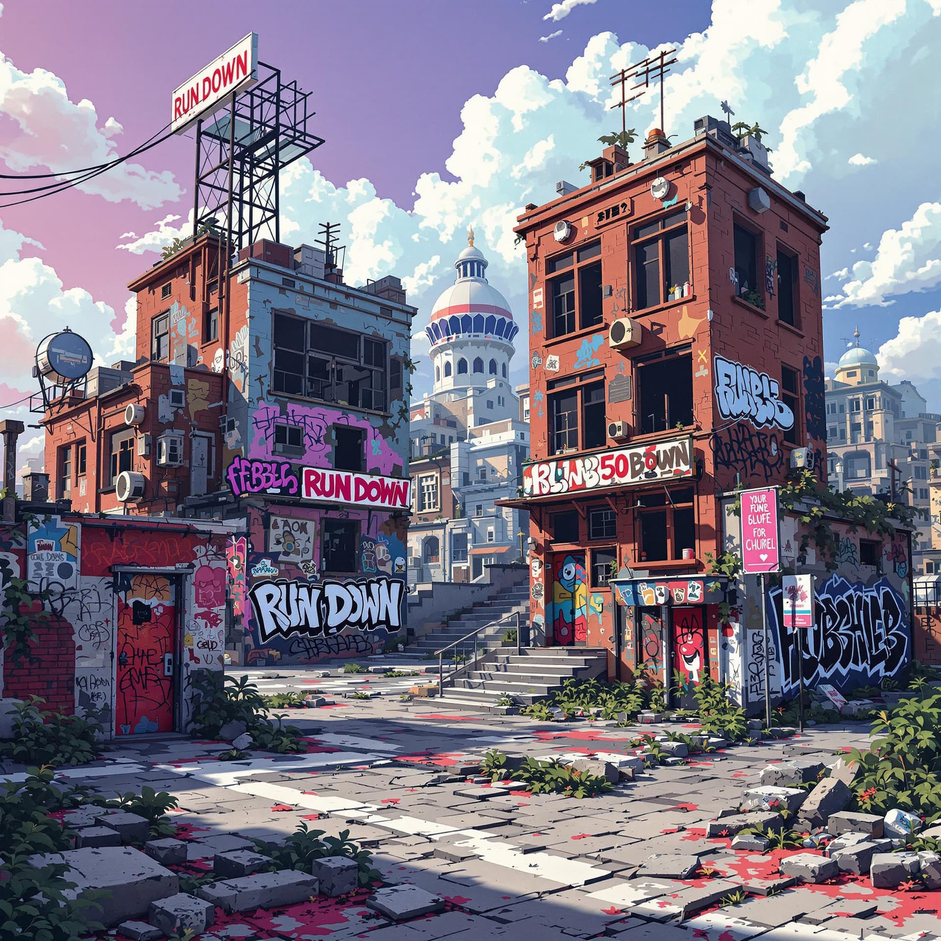 AI generated: 3d illustration hip hop urban RUN DOWN abandoned 
buildings and with a little graffiti walls