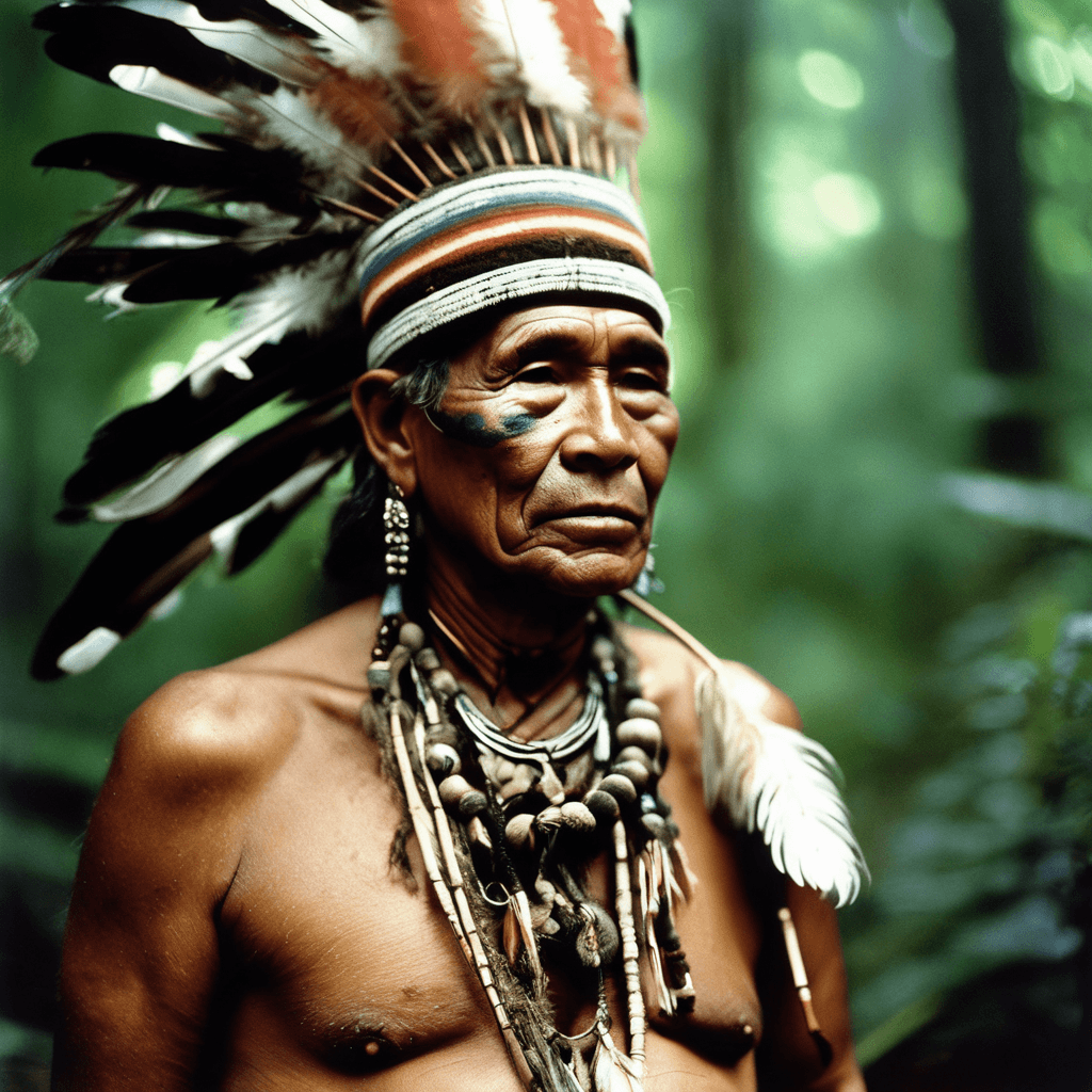 AI generated: A wise 60-year-old tribal shaman, adorned with traditional tribal markings and feathers, stands in t...