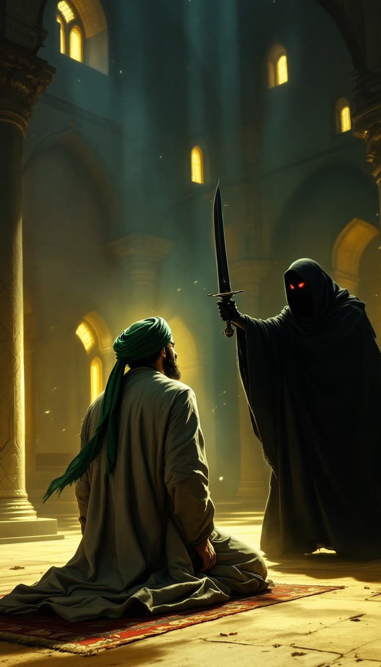 AI generated: "Inside the mosque of Kufa on the night of power, portray a tense moment. Imam Ali, a tall figure in...