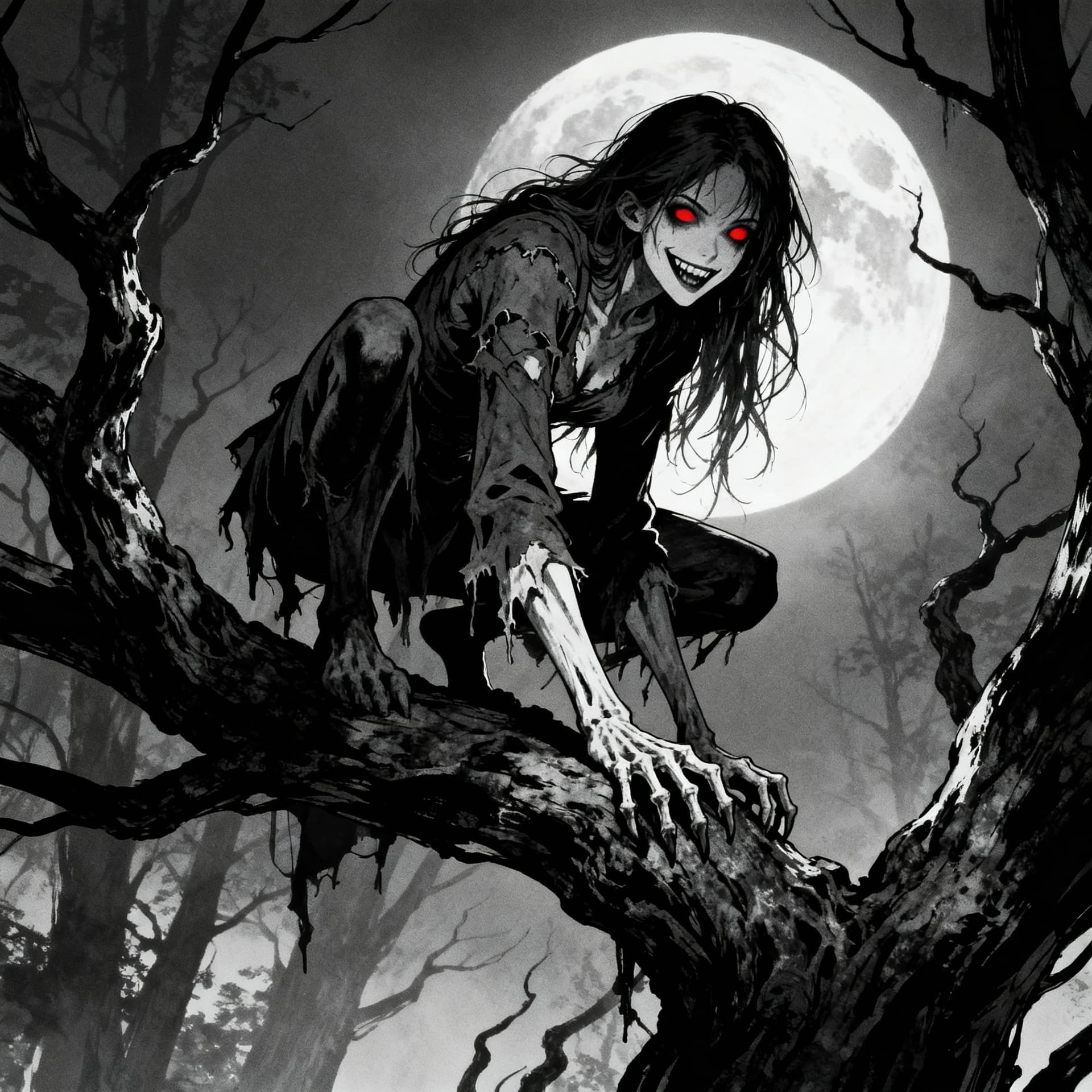 AI generated: A grotesque humanoid creature, crouched on a twisted tree branch, (red glowing eyes:1.4), (sinister ...