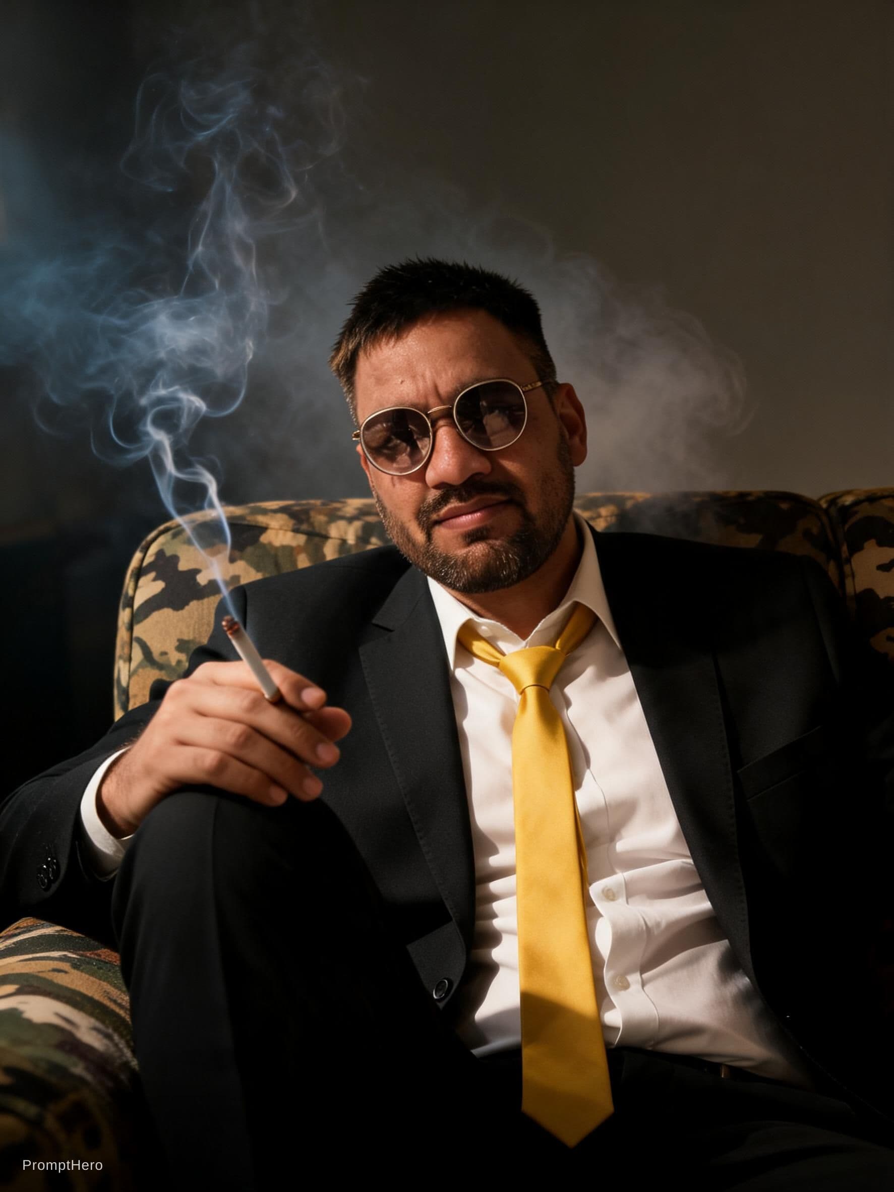 AI generated: photography, cover shoot, dimly lit room with a hazy atmosphere, capturing a professional male model...