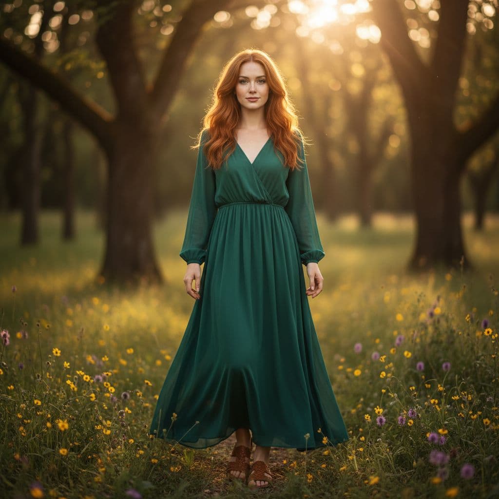 AI generated: Full Body View, Full Body Image, 29-year-old woman, ginger hair in soft waves, porcelain-white skin,...