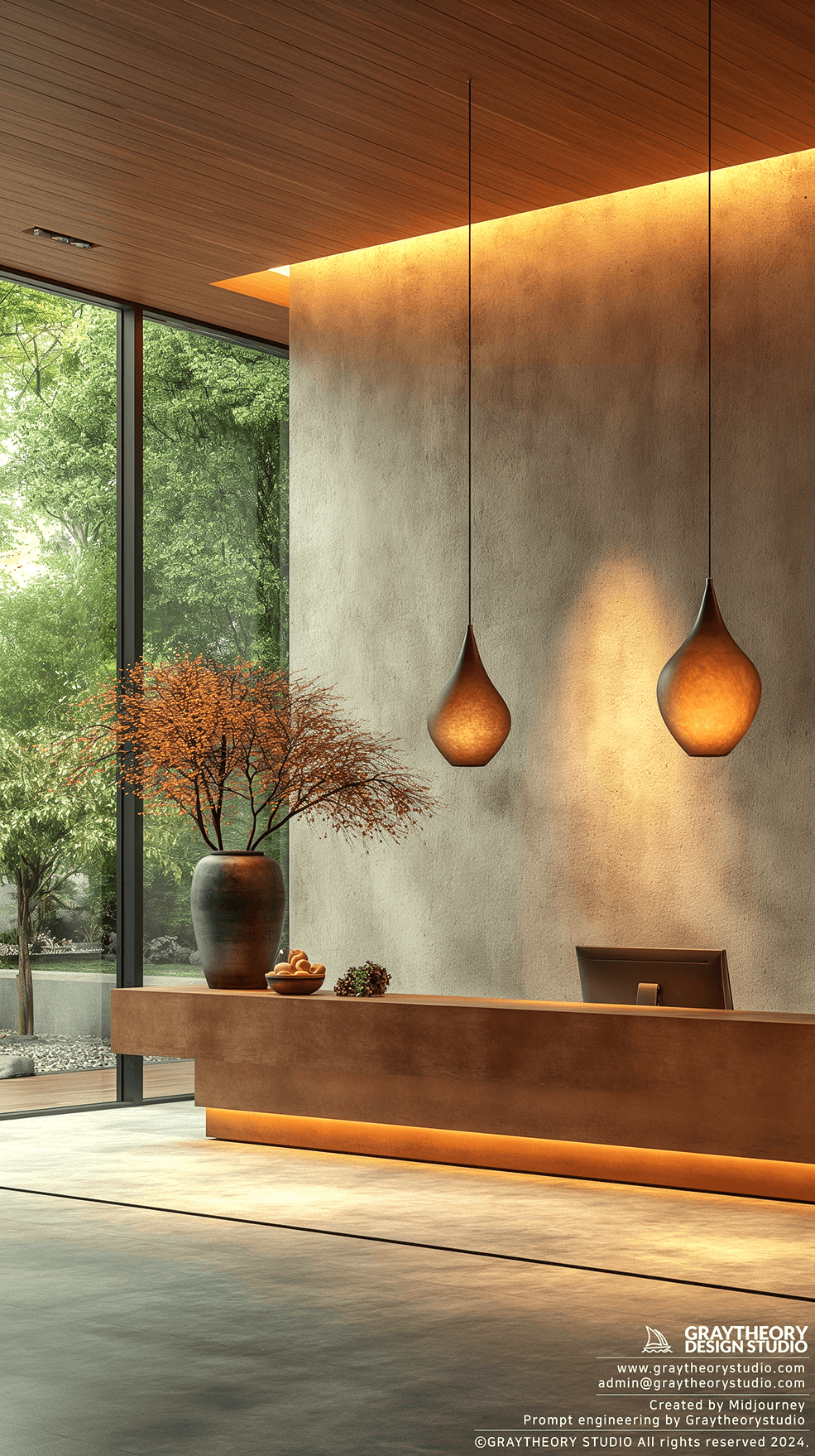 AI generated: minimalist reception desk in a luminous setting, Leica SL2, The desk should feature a clean, unclutt...