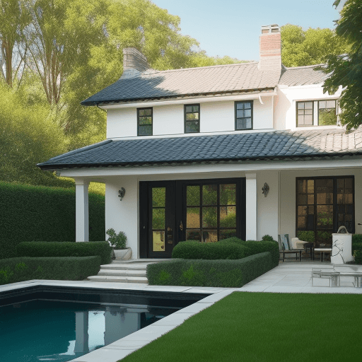 AI generated: beautiful house with a green garden, american style, a small pool, white walls, black roof, green wi...