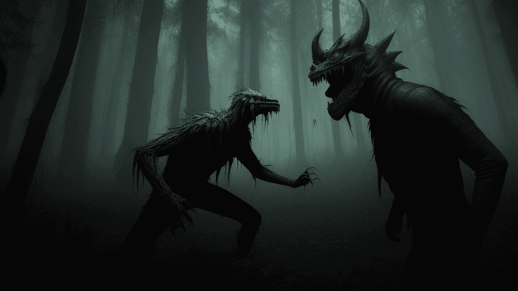 AI generated: horror movie cover. a hunter comes to the forest to catch a scary monster.