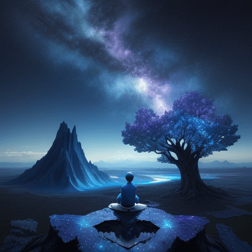 AI generated: Boy looking at the horizon sitting on the epic tree in the background. Beautiful prismatic-plasma la...