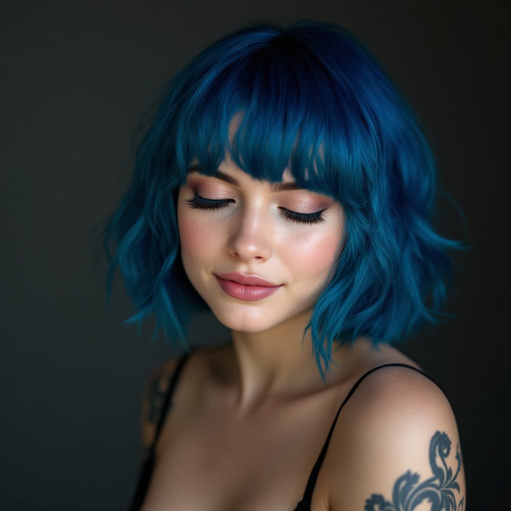 AI generated: Full body portrait, Young woman, blue hair, mouth is closed, satisfied youthful face, with a tattoo,...