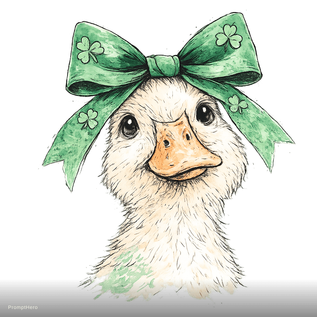 AI generated: trendy St Patrick's Day duck illustration, close portrait of an adorable duck looking upward with so...