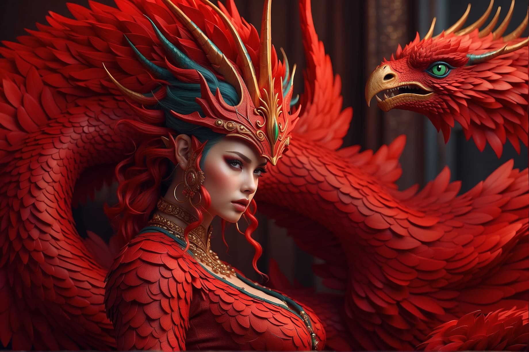 AI generated: A captivating alien female draconian shapeshifter is depicted in this vibrant and detailed digital d...