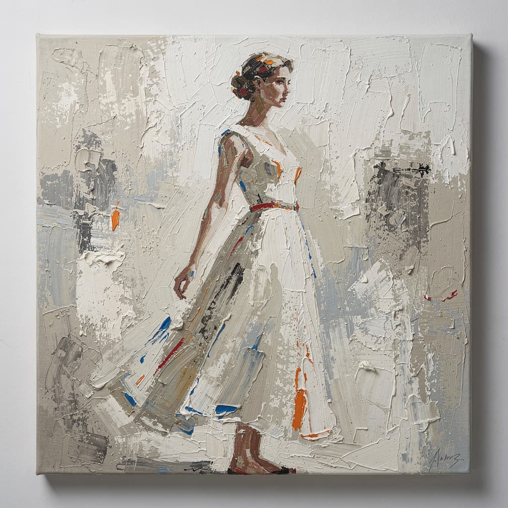AI generated: Elegant impasto oil painting in high relief, depicting a solitary woman emerging from semi-abstract ...