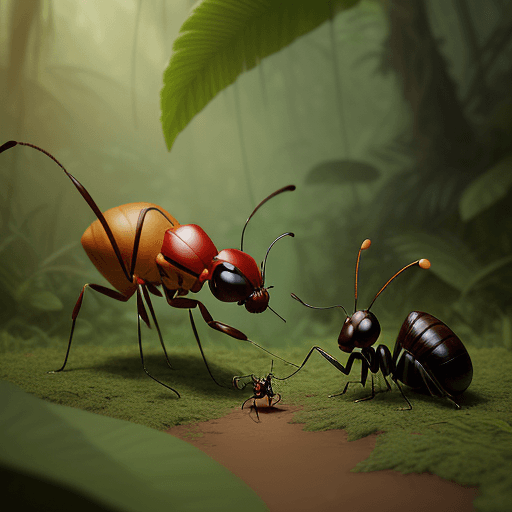 AI generated: Emphasize the ant's generosity in helping the grasshopper despite his earlier behavior.in jungle Dis...