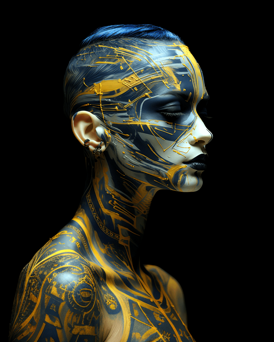 AI generated: a woman with a colorful head tattooed on her face, in the style of cyclorama, dark blue and yellow, ...