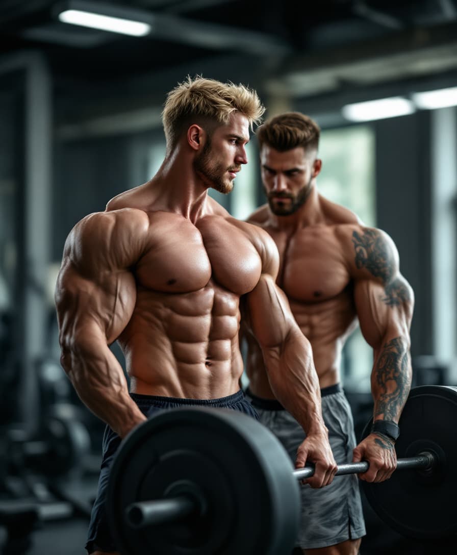 AI generated: high-resolution photo of two men lifting weights, they are in love, two extremely muscular, handsome...